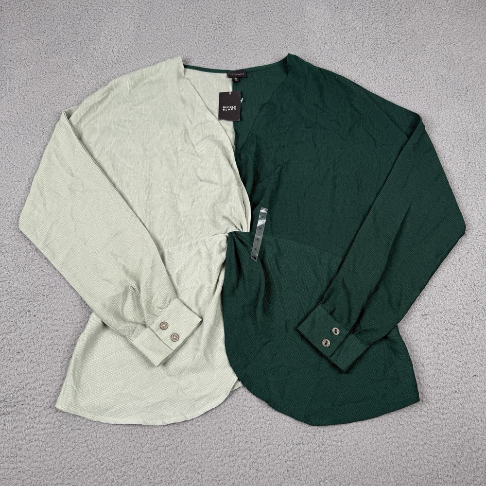 Buckle Black Blouse Womens Medium Pine Green Colorblock Surplice V Neck NWT New